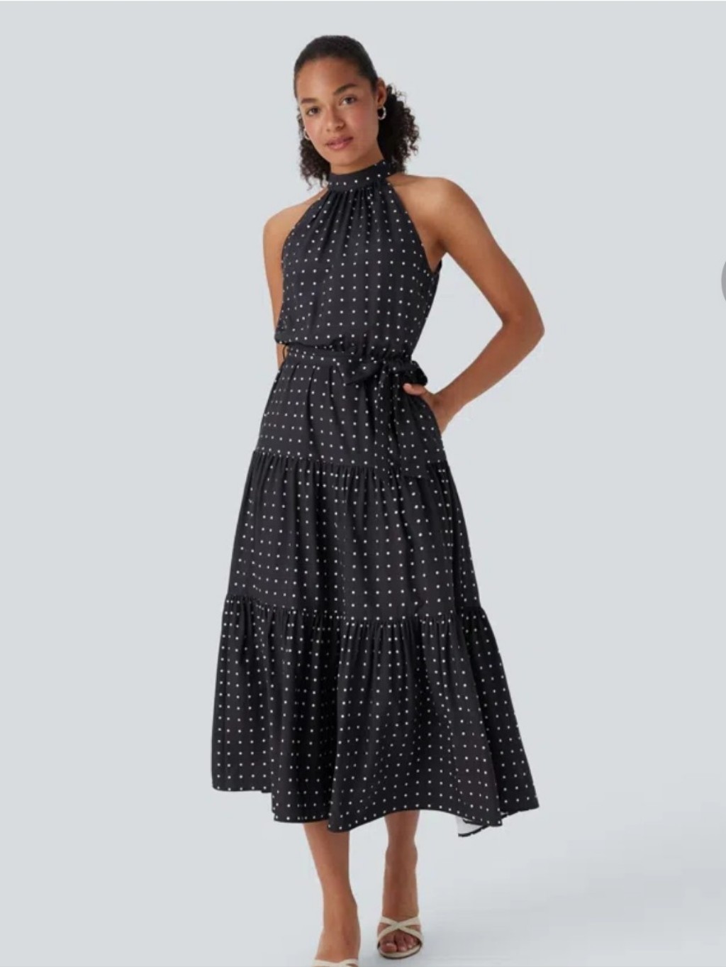 Halara Halter Keyhole Back Polka Dot Midi/Maxi Dress W Pockets Missing Belt